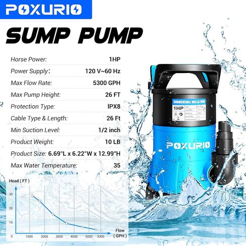 مضخة مستنقع غاطسة، مضخة نقل مياه نظيفة قذرة عالية التدفق بقوة 1 حصان 5300 جيجا في الساعة مع مفتاح تعويم تلقائي، سلك طويل بطول 26 قدمًا للبركة وحمام السباحة والقبو المغمور وحوض السمك والري in Kuwait