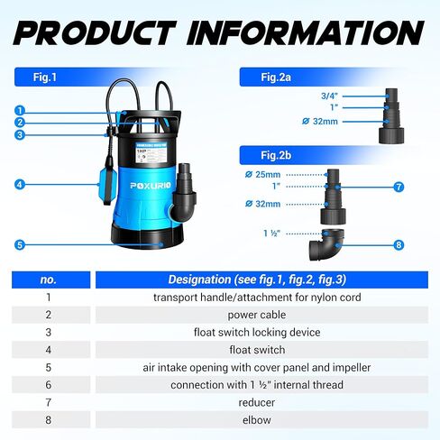 مضخة مستنقع غاطسة، مضخة نقل مياه نظيفة قذرة عالية التدفق بقوة 1 حصان 5300 جيجا في الساعة مع مفتاح تعويم تلقائي، سلك طويل بطول 26 قدمًا للبركة وحمام السباحة والقبو المغمور وحوض السمك والري in Kuwait