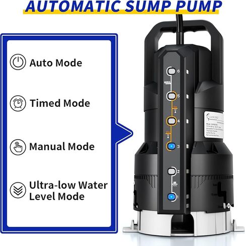 مضخة مستنقع أوتوماتيكية LANCHEZ 3/4HP 4500GPH مع 6 أوضاع، مضخة مياه غاطسة نظيفة/قذرة، مضخة نقل إزالة المياه من البلاستيك الحراري مع سلك بطول 16 قدم لحمامات السباحة في الطابق السفلي من الحديقة، أسود in Kuwait