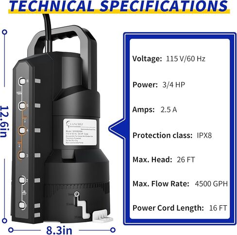 مضخة مستنقع أوتوماتيكية LANCHEZ 3/4HP 4500GPH مع 6 أوضاع، مضخة مياه غاطسة نظيفة/قذرة، مضخة نقل إزالة المياه من البلاستيك الحراري مع سلك بطول 16 قدم لحمامات السباحة في الطابق السفلي من الحديقة، أسود in Kuwait