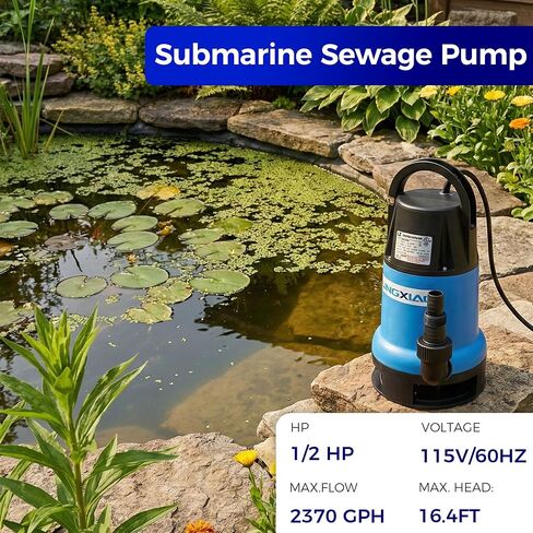 مضخة مياه الصرف الصحي 1/2 HP 2370 GPH مضخة مياه غاطسة من البلاستيك الحراري مضخة قمامة محمولة عالية التدفق لإزالة المياه لحوض مستنقع الطابق السفلي وبئر الصرف الصحي مع سلك طاقة طويل 10 أقدام in Saudi Arabia