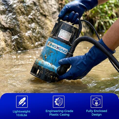 مضخة مياه الصرف الصحي 1/2 HP 2370 GPH مضخة مياه غاطسة من البلاستيك الحراري مضخة قمامة محمولة عالية التدفق لإزالة المياه لحوض مستنقع الطابق السفلي وبئر الصرف الصحي مع سلك طاقة طويل 10 أقدام in Saudi Arabia
