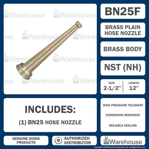 فوهة خرطوم نحاسية أصلية Dixon BN25F، أنثى 2½ بوصة NST (NH)، جسم نحاسي ساتان طويل 12 بوصة، لمسة نهائية من الساتان، تصنيف 100 رطل لكل بوصة مربعة (الماء فقط) in Kuwait
