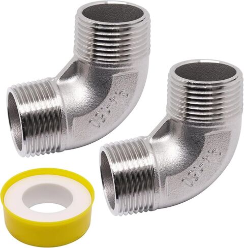2PCS 3/4 "NPT ذكر × 3/4" NPT ذكر تركيب الأنابيب الموضوع، 304 تجهيزات أنابيب الفولاذ المقاوم للصدأ 90 درجة الكوع توصيل الأنابيب موصل، مع 1 الشريط in Kuwait