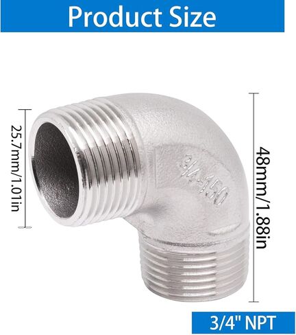 2PCS 3/4 "NPT ذكر × 3/4" NPT ذكر تركيب الأنابيب الموضوع، 304 تجهيزات أنابيب الفولاذ المقاوم للصدأ 90 درجة الكوع توصيل الأنابيب موصل، مع 1 الشريط in Kuwait
