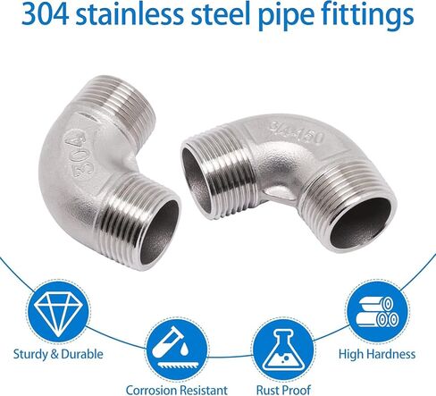 2PCS 3/4 "NPT ذكر × 3/4" NPT ذكر تركيب الأنابيب الموضوع، 304 تجهيزات أنابيب الفولاذ المقاوم للصدأ 90 درجة الكوع توصيل الأنابيب موصل، مع 1 الشريط in Kuwait