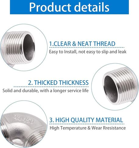 2PCS 3/4 "NPT ذكر × 3/4" NPT ذكر تركيب الأنابيب الموضوع، 304 تجهيزات أنابيب الفولاذ المقاوم للصدأ 90 درجة الكوع توصيل الأنابيب موصل، مع 1 الشريط in Kuwait