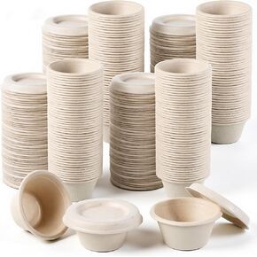 250 Pack 2 oz Natural Bagasse Fiber Cups with Lids, Natural Compostable Condiment Cups, Paper Tasting Cup, Disposable Paper Dishes Serving Sample Cup for Snack Tasting Charcuterie in Kuwait