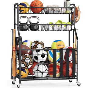 APEXCHASER Heavy Duty Sports Equipment Organizer, Garage Ball Storage Rack with Baskets & Hooks, Ball Organizer for Garage, Rolling Storage Cart for Basketball, Soccer Balls, Toys & Outdoor Gear in Kuwait