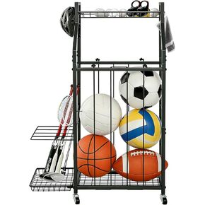 رف تخزين كرات هانمير للمرآب، منظم الكرات الرياضية المتدحرجة مع عجلات وسلال وخطافات، تخزين المعدات الرياضية لكرة السلة وكرة القدم، منظم المرآب (أسود) in Kuwait