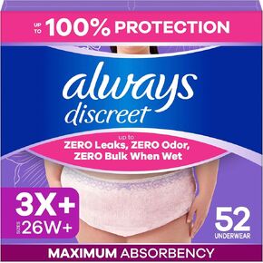 Always Discreet Reimagined Adult Diapers for Women, Maximum Absorbency Incontinence and Postpartum Underwear Size 3X+, Up to 100% Leak Free Bladder Leak Protection, 52 Count​ in Kuwait