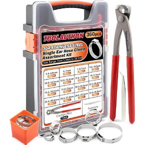 360PCS 304 Stainless Steel Single Ear Hose Clamp Assortment Kit Stepless 16 Sizes (5.3 to 36.1mm) with Pliers & Tweezers For Fuel Pipe, Automotive and Home Appliances in Kuwait