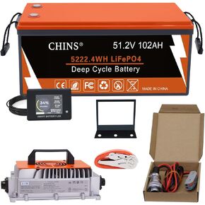 CHINS 36V Lithium Golf Cart Battery, 36 Volt 100Ah LiFePO4 Battery, Built-in Bluetooth 200A BMS, Includes 36V 25A Charger, Monitor, Perfect for Golf Carts in Kuwait