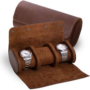 Bey-Berk Milani Leather Watch Roll - Luxury 3 Watch Travel Case for Men, Women, Genuine Leather with Soft Velour Lining and Snap Closure - Brown in Kuwait