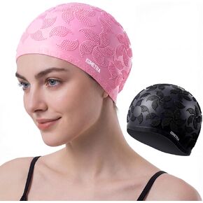 قبعة سباحة للسيدات مكونة من قطعتين للشعر الطويل، قبعات سباحة للبالغين من السيليكون على شكل زهرة مقاومة للماء للفتيات والشباب بدون شعر مبلل in Kuwait