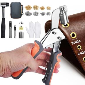 Heavy Duty Grommet Tool Kit, 600Piece 3/8 Inch (10mm)，1/4 Inch(6mm) Metal Eyelets in Gold and Silver, with Pliers, Gloves，Punch, Hammer,Leather, Canvas, Tarp, Shoes，Clothes， Belt (Orange-Grey) in Kuwait