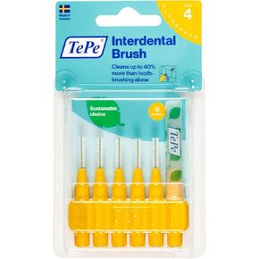 TePe Interdental Brush Original, Soft Dental Brush for Teeth Cleaning, Pack of 6, 0.7 mm, Medium Gaps, Yellow, Size 4 in Kuwait
