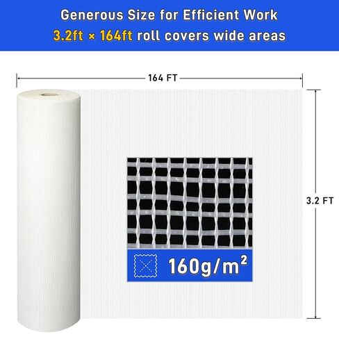 Fiberglass Mesh Roll 3.2x164 FT Plastering Mesh for Wall Crack Repair, Alkaline Resistant & Non-Adhesive 160g/m² Fibreglass Reinforcing Mesh Net for Plastering Interior Exterior Building Insulation in Kuwait