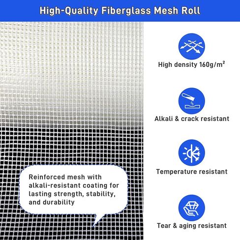 Fiberglass Mesh Roll 3.2x164 FT Plastering Mesh for Wall Crack Repair, Alkaline Resistant & Non-Adhesive 160g/m² Fibreglass Reinforcing Mesh Net for Plastering Interior Exterior Building Insulation in Kuwait