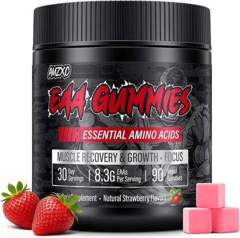 EAA Gummies - 2:1:1 BCAA Formula (8300mg) - Essential Amino Acids for Muscle Recovery & Endurance - Non-GMO, Gluten Free, Sugar Free, Vegetarian, Strawberry Flavor - 90 Count in Saudi Arabia