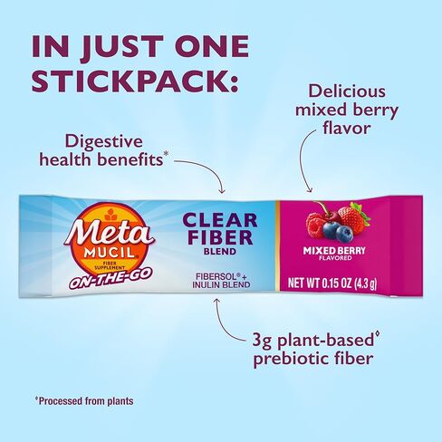 مكمل ألياف ميتاموسيل، عبوات مسحوق ألياف الخلط الواضحة، نكهة التوت المختلطة، أثناء التنقل، مزيج مكملات ألياف البريبايوتك النباتية لصحة الجهاز الهضمي اليومية، 21 عبوة عصا in Kuwait