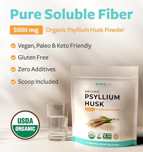 مسحوق قشر السيليوم عضوي معتمد - مسحوق ألياف عضوية قشر السيليوم المطحون جيدًا لخبز العصائر والمزيد - نباتي خالي من الغلوتين وغير معدل وراثيًا وألياف قابلة للذوبان خالية من الحشو (66 حصة) in Kuwait