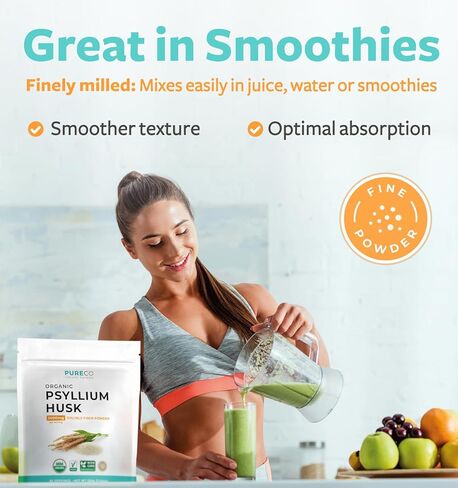 مسحوق قشر السيليوم عضوي معتمد - مسحوق ألياف عضوية قشر السيليوم المطحون جيدًا لخبز العصائر والمزيد - نباتي خالي من الغلوتين وغير معدل وراثيًا وألياف قابلة للذوبان خالية من الحشو (66 حصة) in Kuwait