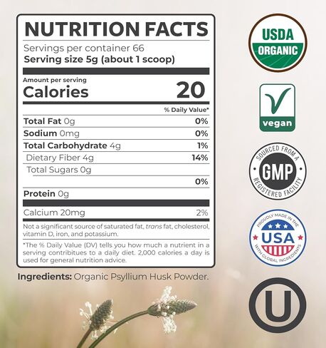مسحوق قشر السيليوم عضوي معتمد - مسحوق ألياف عضوية قشر السيليوم المطحون جيدًا لخبز العصائر والمزيد - نباتي خالي من الغلوتين وغير معدل وراثيًا وألياف قابلة للذوبان خالية من الحشو (66 حصة) in Kuwait