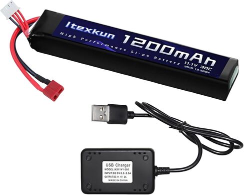 Airsoft Lipo Battery 11.1V 1200mAh 30C T Plug High Discharge Rate Rechargeable Battery with 3S Charger for Airsoft Model Guns in Kuwait