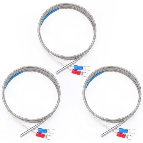 DROK High Temperature Resistant K Type Thermocouple Probe - 3pcs Metal Wrapped Type K Thermocouple with Silver Spade Terminal for PID Temperature Controller, Measure Range 32-1112°F (0-600°C), 1 Meter in Kuwait