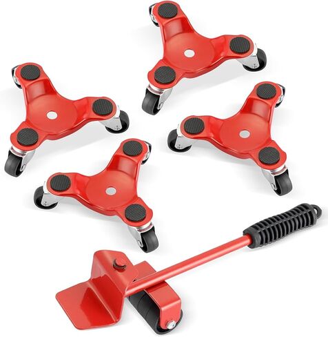 5 Pack 6 Inch Steel Tri-Dolly with Lifter Set, 200 lbs Load Capacity Mover's Dolly, 3-Wheel Furniture Moving Wheels for Easy Moving Cabinet Furniture and Appliances (Red) in Saudi Arabia