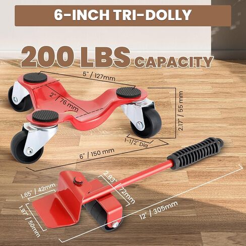 5 Pack 6 Inch Steel Tri-Dolly with Lifter Set, 200 lbs Load Capacity Mover's Dolly, 3-Wheel Furniture Moving Wheels for Easy Moving Cabinet Furniture and Appliances (Red) in Saudi Arabia