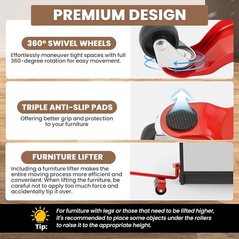 5 Pack 6 Inch Steel Tri-Dolly with Lifter Set, 200 lbs Load Capacity Mover's Dolly, 3-Wheel Furniture Moving Wheels for Easy Moving Cabinet Furniture and Appliances (Red) in Saudi Arabia