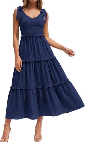 Okiwam Womens Summer Dresses 2025 Spring V Neck Sleeveless Tie Strap Maxi Beach Sundresses Boho Swiss Dot Wedding Guest Dress in Kuwait