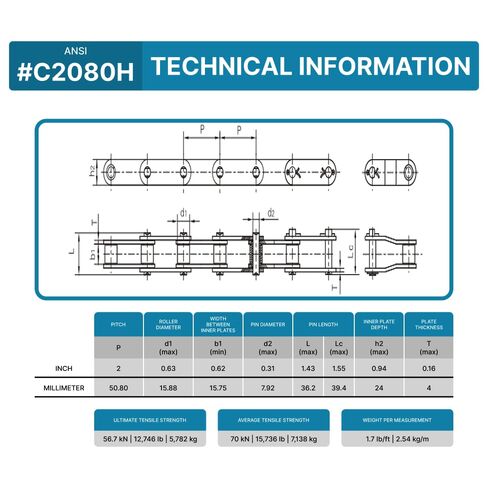 PGN C2080H Heavy Duty Conveyor Roller Chain x 10 Feet + 2 Connecting Links in Saudi Arabia