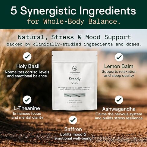 مكمل غذائي لدعم الإجهاد والقلق والمزاج من Adapt Naturals للنساء والرجال مع أشواغاندا، وL-الثيانين، والريحان المقدس، والزعفران، وبلسم الليمون - مكمل لتخفيف التوتر - كمية تكفي 30 يومًا in Kuwait