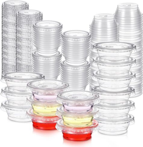 400 Pack 0.5 Oz Clear Disposable Plastic Portion Cups with Lids, Small Mini Plastic Condiment Containers for Sauces Cups, Portion Control, Meal Prep, Condiments, Medicine, Samples in Saudi Arabia