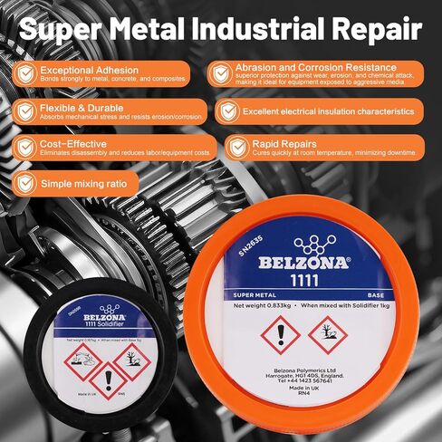 Belzona 1111 Super Metal 1kg Repair Kit, High-Strength Epoxy Composite for Filling Cracks & Holes, Engine, Pump Casing, Pipe, Tank Repair, Solvent Free, 2-Part Structural Adhesive (Base + Solidifier) in Kuwait