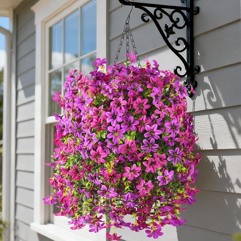 الزهور الاصطناعية معلقة سلال ، 4 حزم سلة معلقة في الهواء الطلق زخرفة الصيف ، لا تتلاشى زهور زهور واقعية لشرفة الفناء الشرفة ديكور الساحة المنزل (الضوء الأرجواني الأحمر) in Kuwait