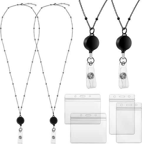 Outus 2 قطعة شارة الحبل مع حامل الهوية الفولاذ المقاوم للصدأ شارة قلادة قابل للسحب بكرة مشبك سلسلة مقاومة للماء حامل شارة اسم للفتيات النساء (أسود، فضي) in Kuwait