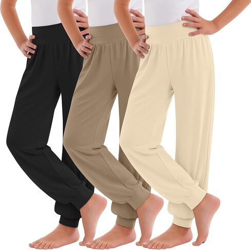 3 Pack Girls Sweatpants Lightweight High Waisted Athletic Joggers for Kids Casual Soft Cuff Jogger Pants Size 5-14 in Kuwait