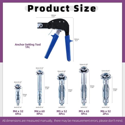Swpeet 19Pcs 5Sizes M4 M5 M6 Zinc Plated Carbon Steel Hollow Drive Wall Anchor with Wall Anchor Setting Tool Assortment Kit, Molly Bolt Drive Anchor Kit for Drywall in Saudi Arabia