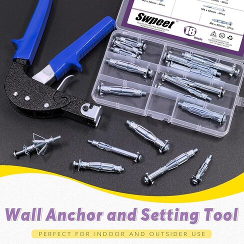 Swpeet 19Pcs 5Sizes M4 M5 M6 Zinc Plated Carbon Steel Hollow Drive Wall Anchor with Wall Anchor Setting Tool Assortment Kit, Molly Bolt Drive Anchor Kit for Drywall in Saudi Arabia