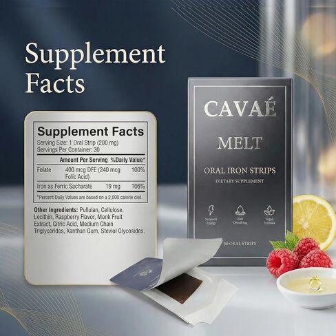 Cavae Oral Iron Strips - Oral Dissolving Film, Ferrovia Iron Supplement for Women, 19 mg Iron with Folate, Fast-Dissolve, Raspberry Flavor, 30 Day Supply in Saudi Arabia