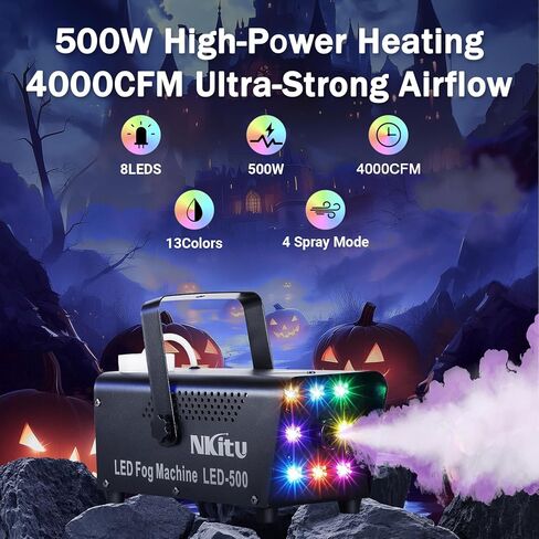 Fog Machine, Smoke Machine, 500W and 4000CFM Fog Machine with Remote Control, 8 Star Shape LED Lights Auto Changing 13 Colors, Fog Machine Indoor for Halloween Party Wedding Stage DJ in Kuwait