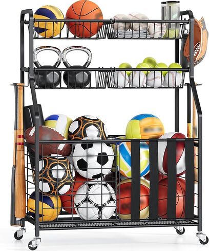 APEXCHASER Heavy Duty Sports Equipment Organizer, Garage Ball Storage Rack with Baskets & Hooks, Ball Organizer for Garage, Rolling Storage Cart for Basketball, Soccer Balls, Toys & Outdoor Gear in Kuwait
