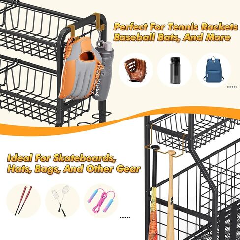 APEXCHASER Heavy Duty Sports Equipment Organizer, Garage Ball Storage Rack with Baskets & Hooks, Ball Organizer for Garage, Rolling Storage Cart for Basketball, Soccer Balls, Toys & Outdoor Gear in Kuwait