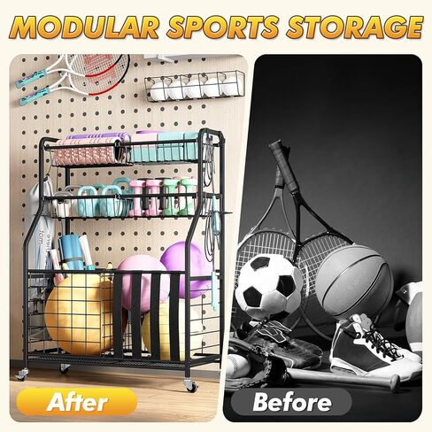 APEXCHASER Heavy Duty Sports Equipment Organizer, Garage Ball Storage Rack with Baskets & Hooks, Ball Organizer for Garage, Rolling Storage Cart for Basketball, Soccer Balls, Toys & Outdoor Gear in Kuwait