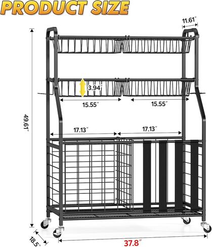 APEXCHASER Heavy Duty Sports Equipment Organizer, Garage Ball Storage Rack with Baskets & Hooks, Ball Organizer for Garage, Rolling Storage Cart for Basketball, Soccer Balls, Toys & Outdoor Gear in Kuwait