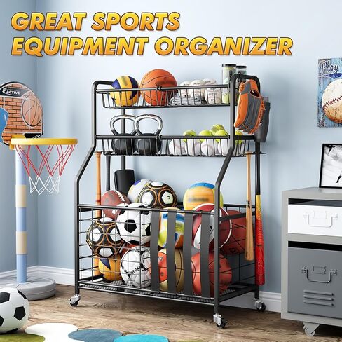 APEXCHASER Heavy Duty Sports Equipment Organizer, Garage Ball Storage Rack with Baskets & Hooks, Ball Organizer for Garage, Rolling Storage Cart for Basketball, Soccer Balls, Toys & Outdoor Gear in Kuwait